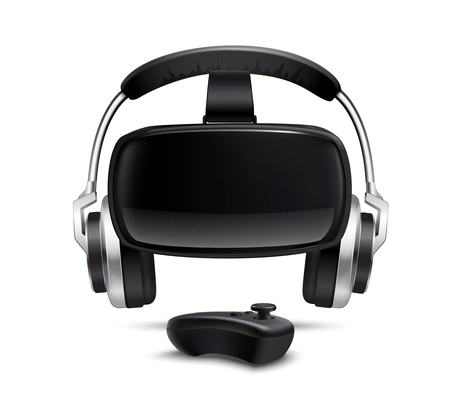 Virtual reality games simulator black headset with headphones and gamepad smartphone controlled box realistic closeup view vector illustration