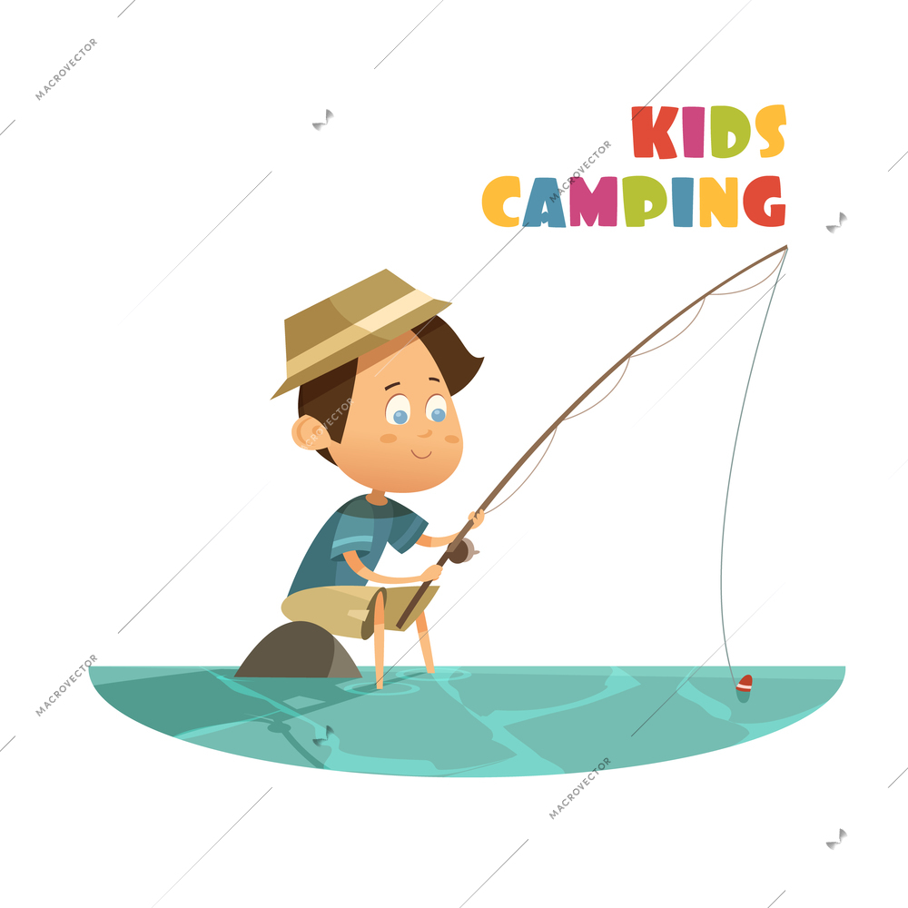 Camping and fishing children concept with lake and rod cartoon vector illustration