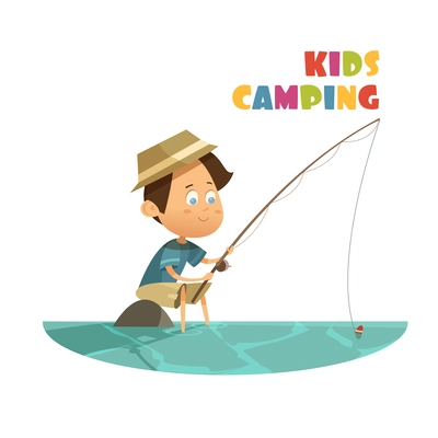 Camping and fishing children concept with lake and rod cartoon vector illustration