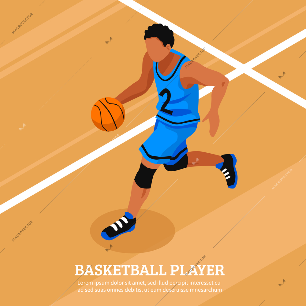 Sport isometric template with running and dribble basketball player on the court isolated vector illustration