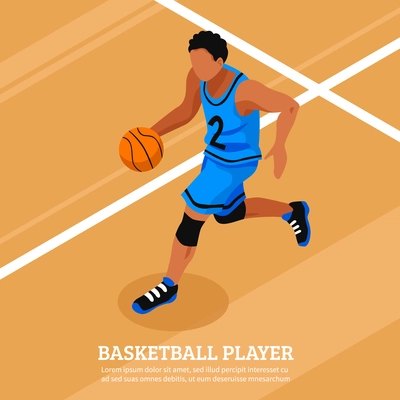 Sport isometric template with running and dribble basketball player on the court isolated vector illustration