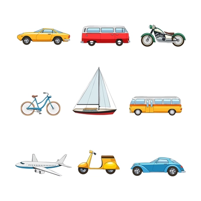 Comic flat transport images set of cars van motorcycle bicycle yacht bus airplane scooter isolated vector illustration