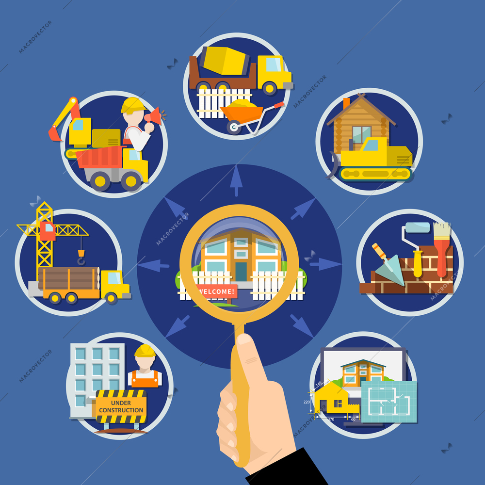 Flat construction design concept with hand holding magnifier building elements tools equipment and vehicles isolated vector illustration