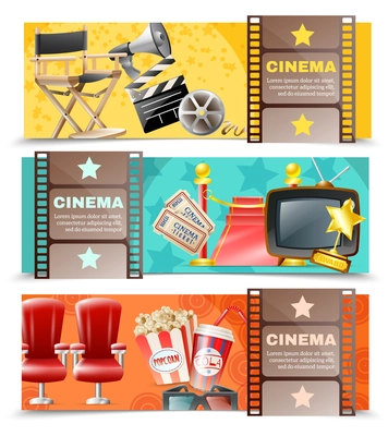 Cinema movie theater and film making 3 horizontal retro banners set with clapper board isolated vector illustration