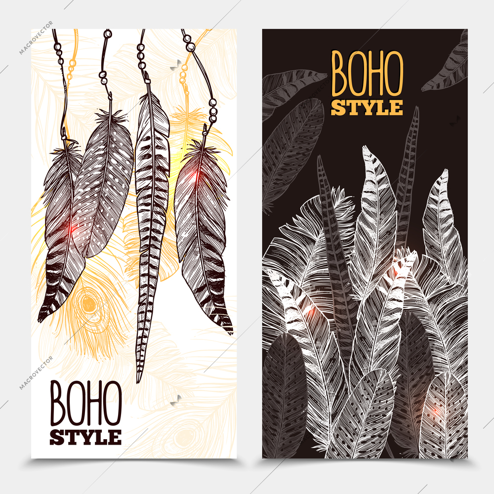 Hand drawn tribal vertical banners with bird feathers of different shapes in boho style vector illustration