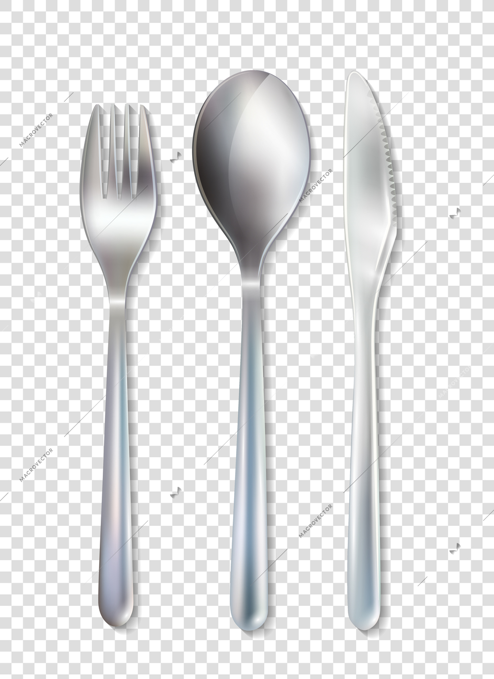 Stainless cutlery tableware set of fork spoon and knife realistic image with transparent background vector illustration