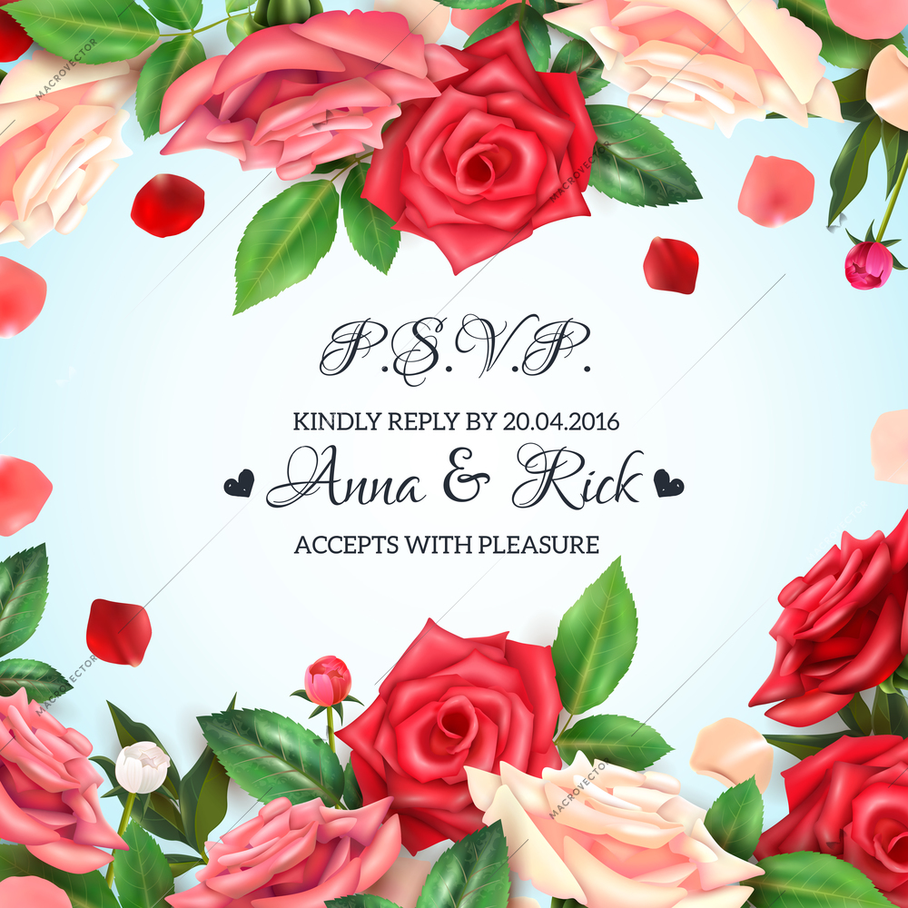 Realistic invitation background with blooming roses petals and buds vector illustration