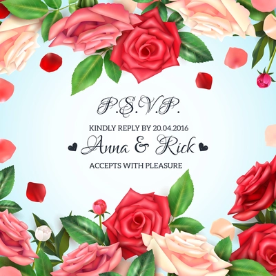 Realistic invitation background with blooming roses petals and buds vector illustration