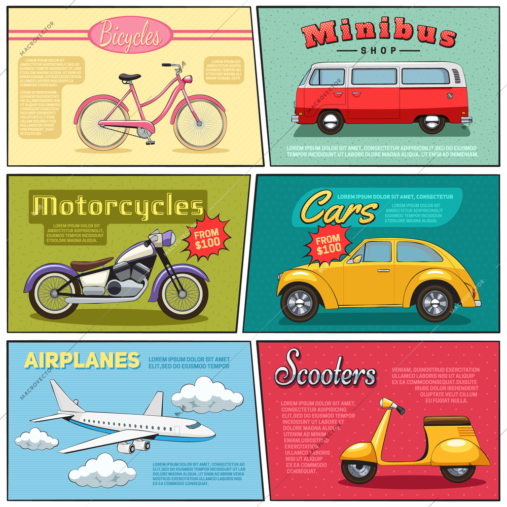 Mini posters set of bicycle minibus motorcycle car airplane and scooter drawing in flat comic style vector illustration