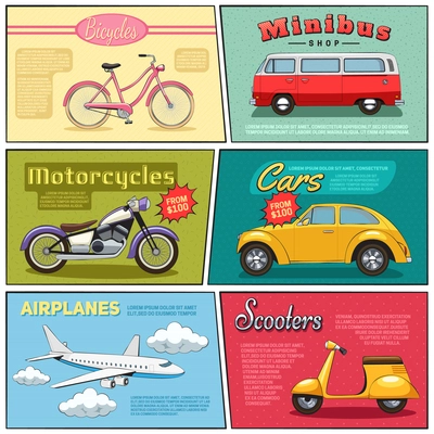 Mini posters set of bicycle minibus motorcycle car airplane and scooter drawing in flat comic style vector illustration