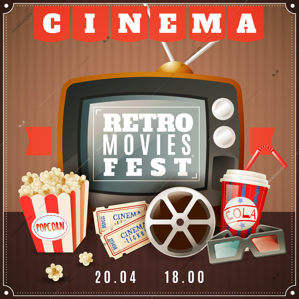 Retro movies festival announcement poster with old tv  3d glasses and classic cinema theater attributes vector illustration