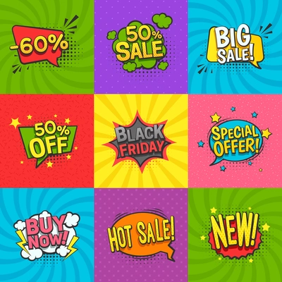 Discount comic labels set with special offer symbols flat isolated vector illustration