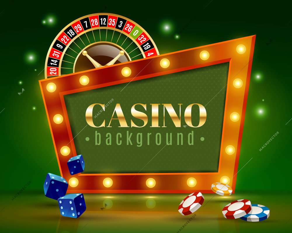 Casino entertainment decorative frame background poster with festive lights roulette wheel dice and chips vector illustration