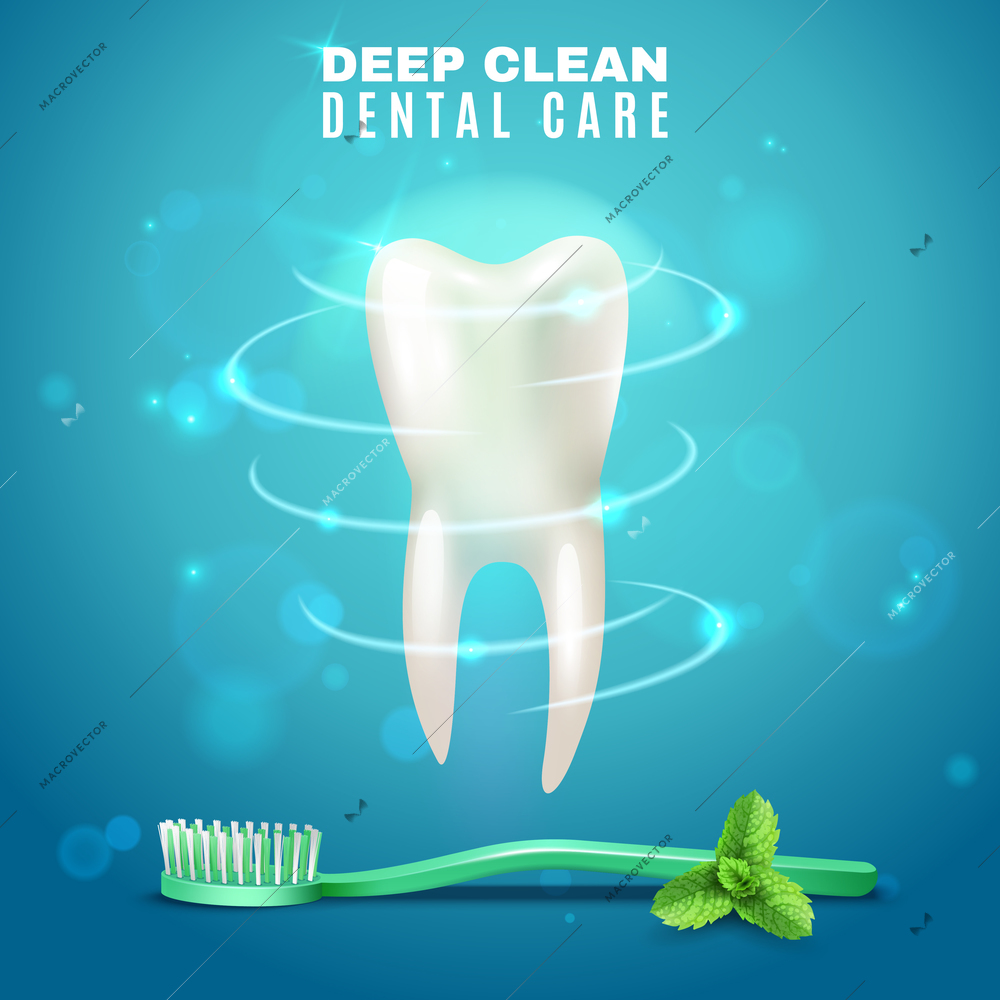 Prophylactic dental deep cleaning medical poster with tooth brush and fresh mint leaves blurred background vector illustration