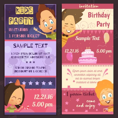 Kids party invitation layout vertical banners with glad children faces birthday cake and places for sample text flat vector illustration