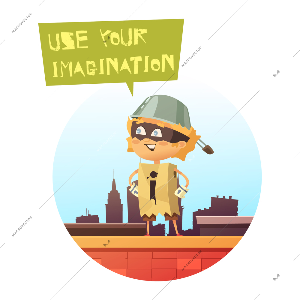 Comic kid image standing on roof of city building in superhero costume made from carton box and frying pan flat vector illustration