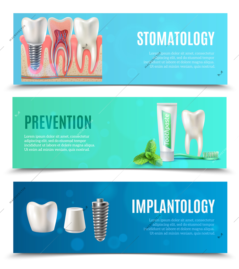 Medical oral healthcare 3 horizontal banners set with prevention stomatology and dental implants bookmarks isolated vector illustration