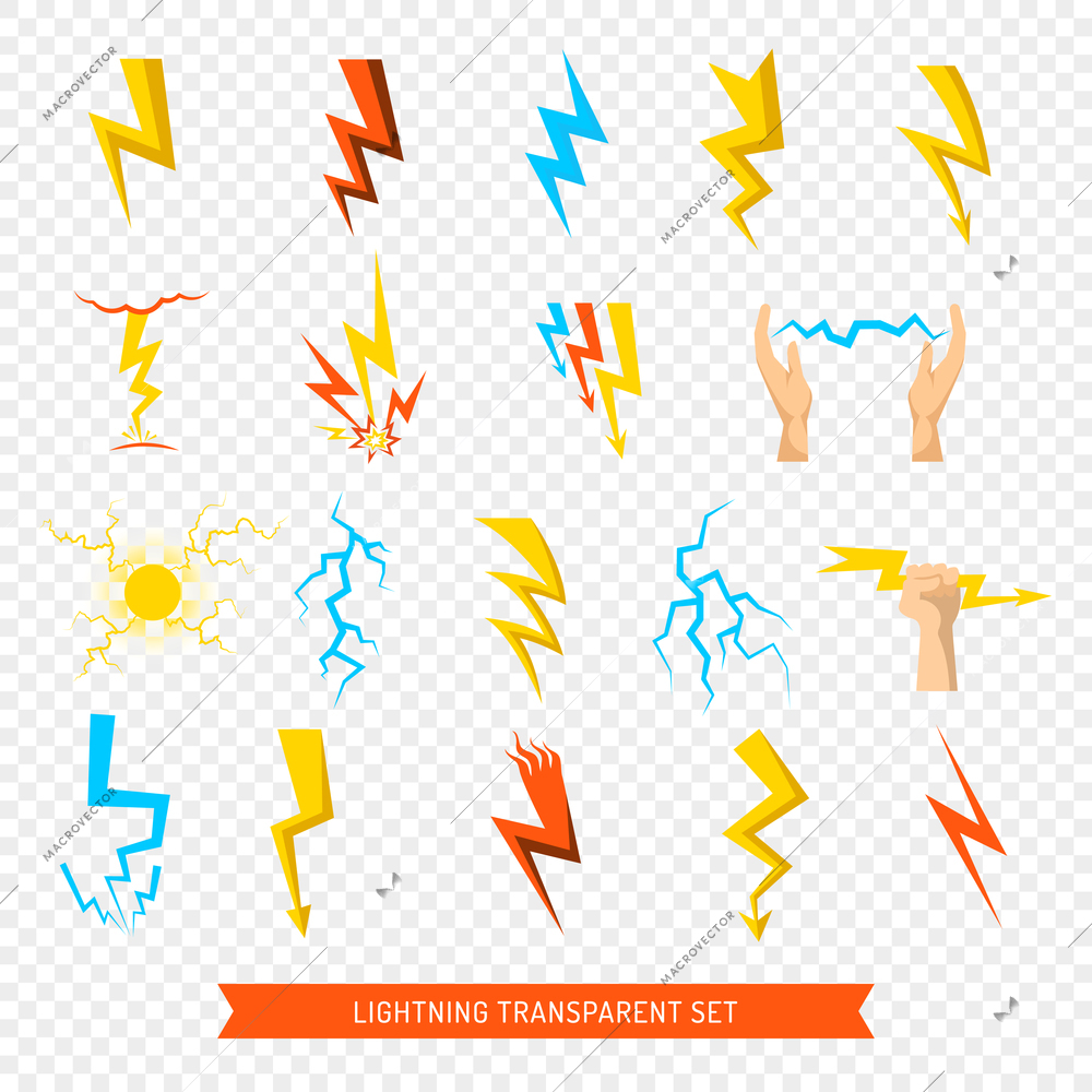 Flat set of bright colorful lightnings and fireball isolated on transparent background vector illustration