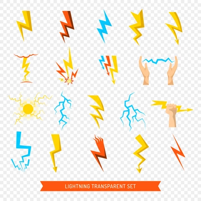 Flat set of bright colorful lightnings and fireball isolated on transparent background vector illustration