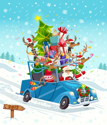 Funny cartoon background poster with santa and group of reindeer characters riding oldschool car on snowfield vector illustration