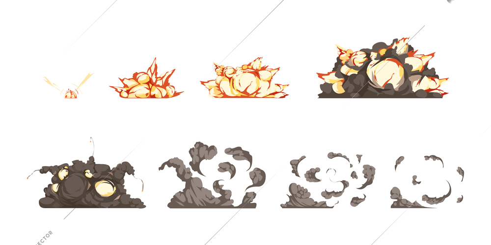Bomb explosion process animation icons set from detonation to blast heat and shock waves isolated vector illustration
