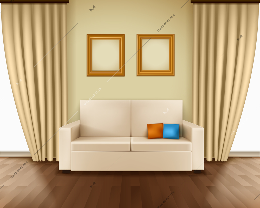 Realistic room interior with luxury window curtain sofa pillows frames and parquet floor vector illustration