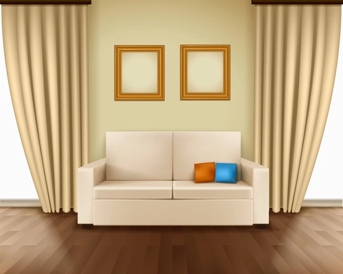 Realistic room interior with luxury window curtain sofa pillows frames and parquet floor vector illustration