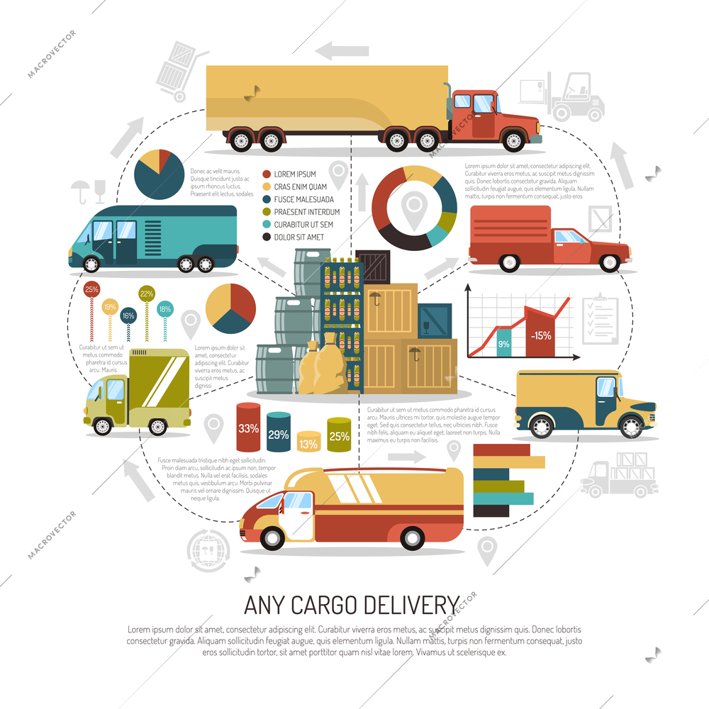 Big and small trucks delivering cargo of any size flat vector illustration