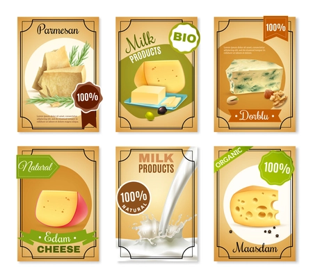 Milk products vertical banners with different sorts of cheese butter bio natural food vector illustration