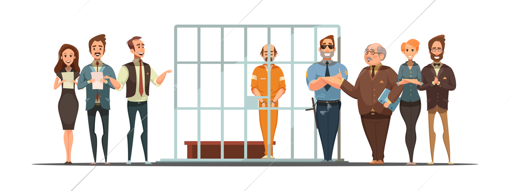 Law and justice retro cartoon poster with sentence announcement and convict behind bars white background vector illustration
