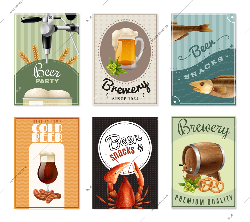 Beer vertical banners set with wheat filled mug fish glass potato lobster and wooden barrel vector illustration