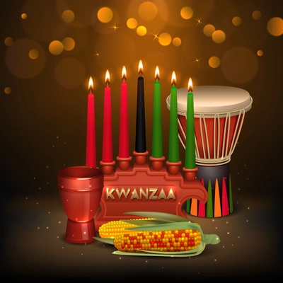 African american kwanzaa holiday celebration colorful festive background poster with kinara candles light and food vector illustration