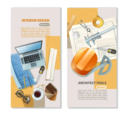 Vertical flat banners with construction tools for architect and interior designer isolated vector illustration