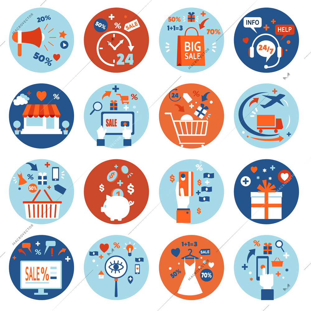 E-commerce online shopping set of colorful flat icons and elements in circles isolated vector illustration