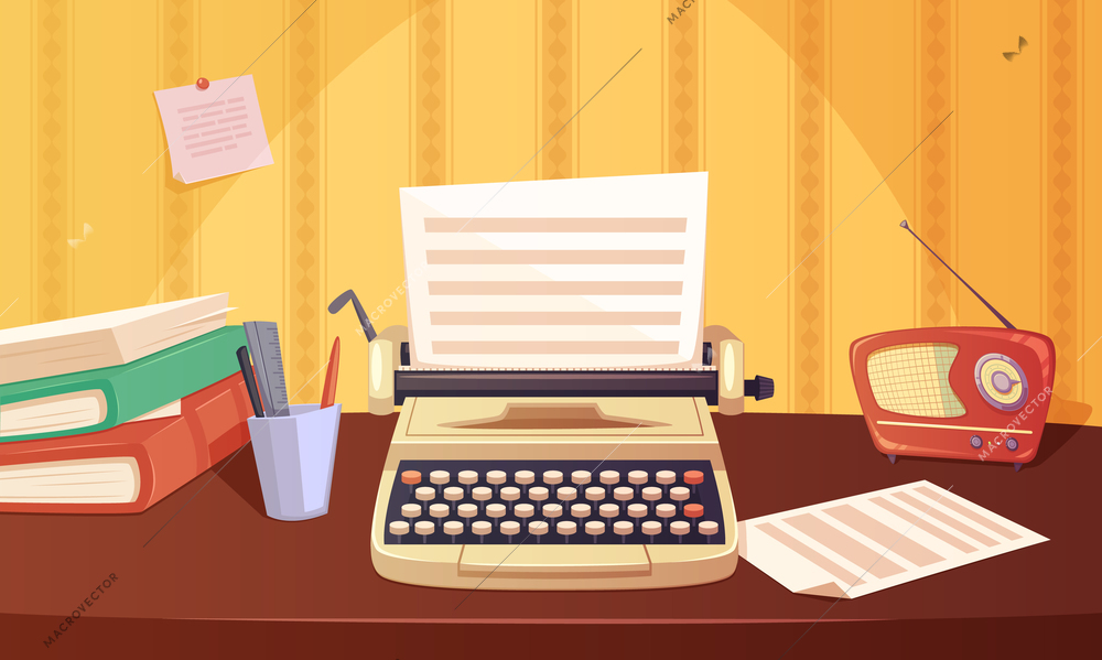 Retro gadgets cartoon background with typewriter radio books stationery on brown table vector illustration