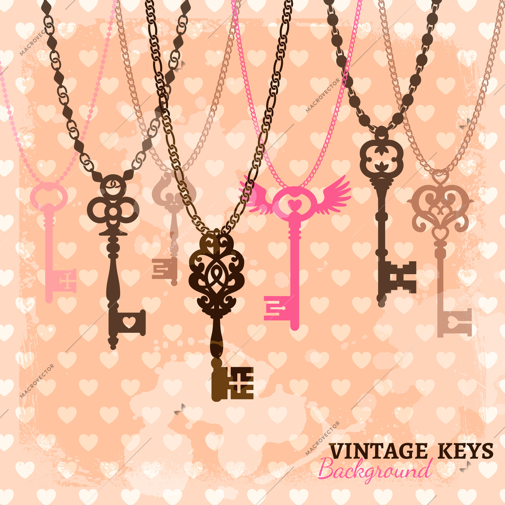 Vintage hanging keys template with chains and romantic background with hearts vector illustration