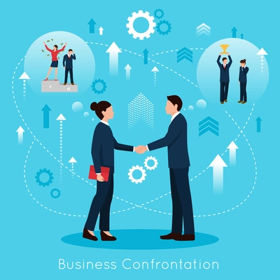 Constructive business confrontation for productive partnership concept flat symbolic composition poster with agreement handshake vector illustration