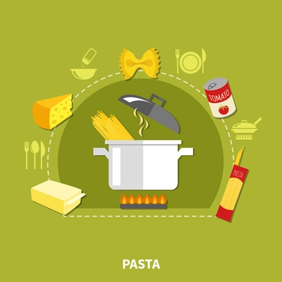 Home cooking concept with spaghetti macaroni pasta butter cheese can and pot isolated vector illustration