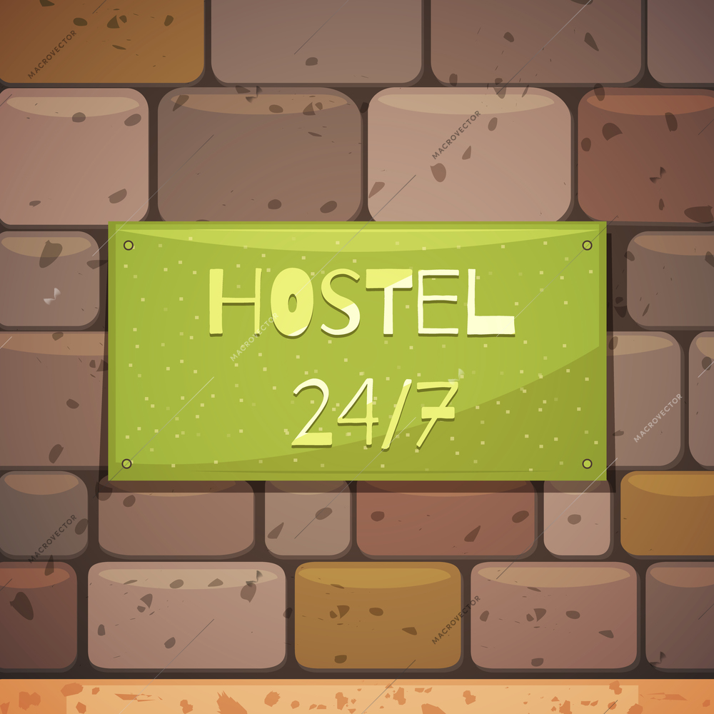 Hostel signboard with address on brick wall of guest house retro background flat vector illustration