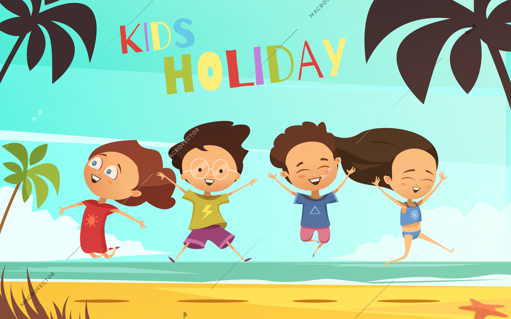 Kids holiday flat vector illustration in cartoon design with happy friends company jumping on tropical landscape background retro cartoon