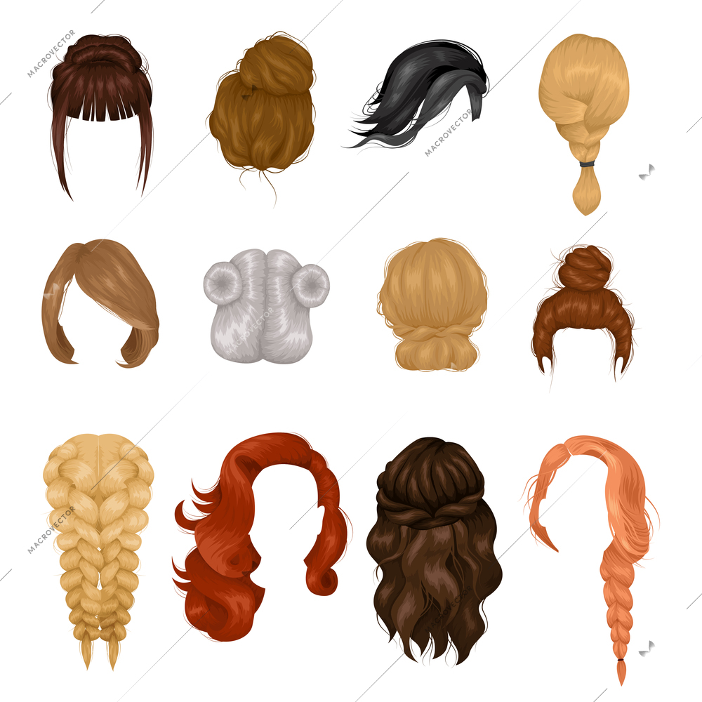 Women hairstyle wigs false and natural hair pieces front and back view realistic icons collection isolated vector illustration