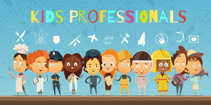 Flat cartoon composition with group of children wearing in costumes of professionals and icons indicating earch profession vector illustration