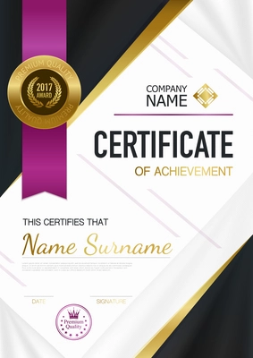 Modern certificate of achievement template with purple ribbon stamp gold inscriptions and award vector illustration