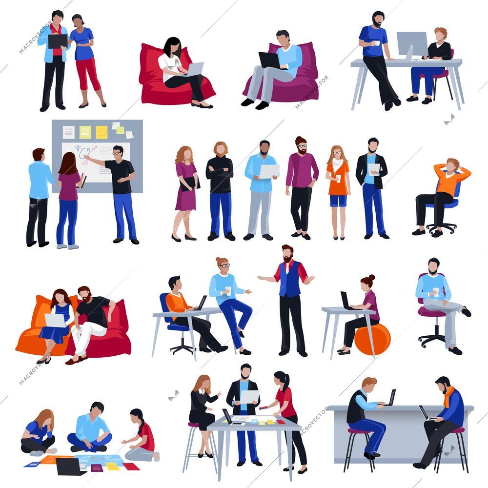 Coworking people colored isolated icons set with creative freelancers meeting together in coworking center sharing ideas  and discussing problem flat vector illustration