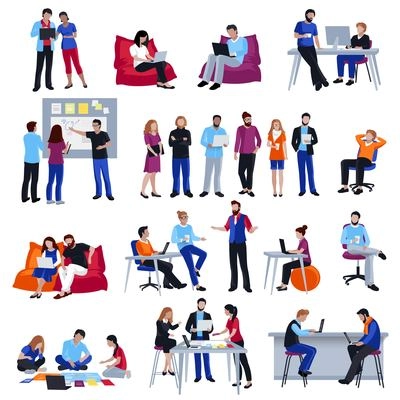 Coworking people colored isolated icons set with creative freelancers meeting together in coworking center sharing ideas  and discussing problem flat vector illustration