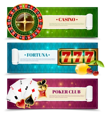 Casino poker club 3 horizontal bookmarks banners with aces and fortune slot machine  isolated vector illustration