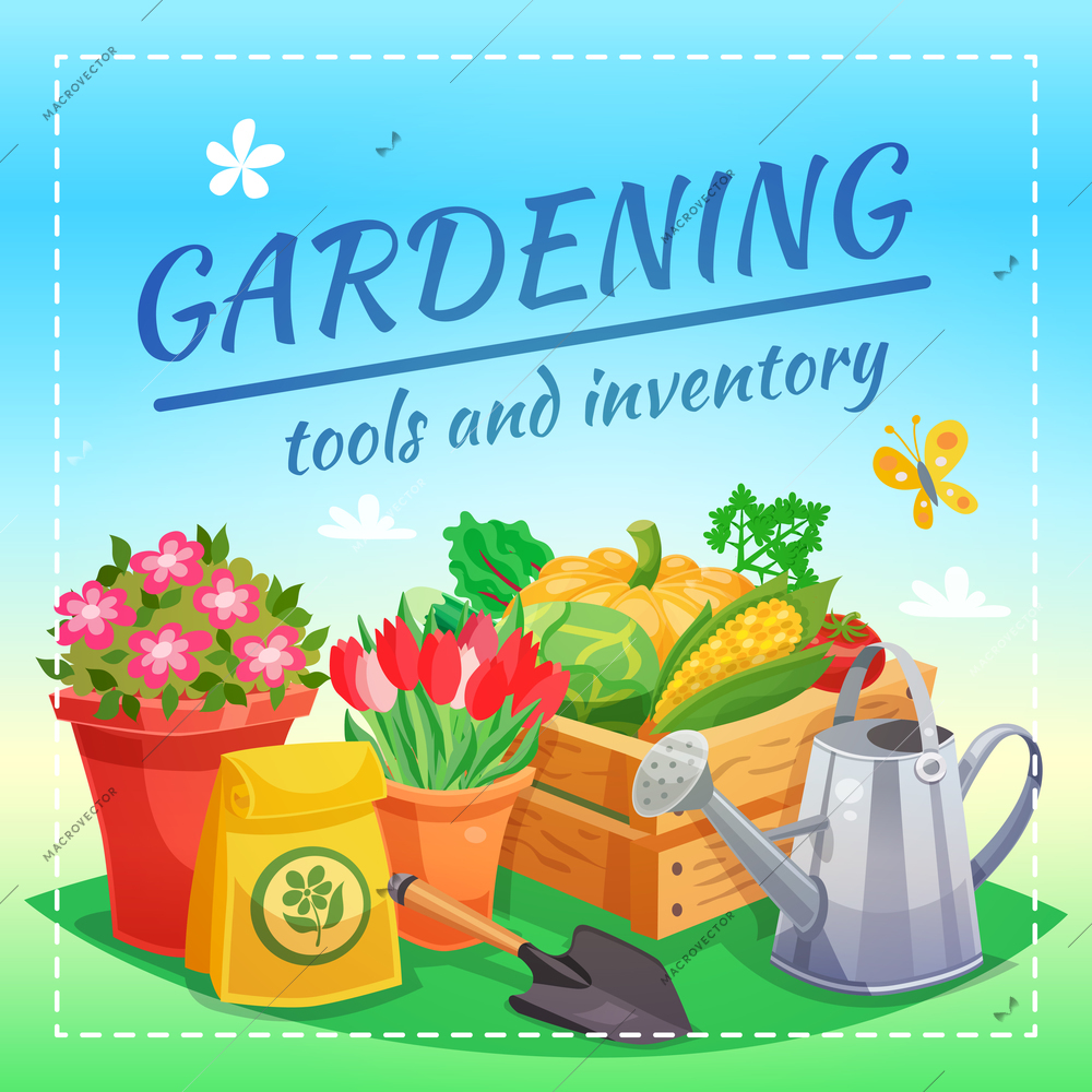 Gardening tools and inventory design concept with package of fertilizer box of farming harvest spade and watering can flat vector illustration