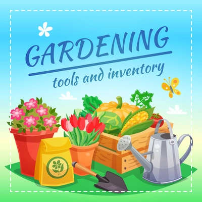 Gardening tools and inventory design concept with package of fertilizer box of farming harvest spade and watering can flat vector illustration