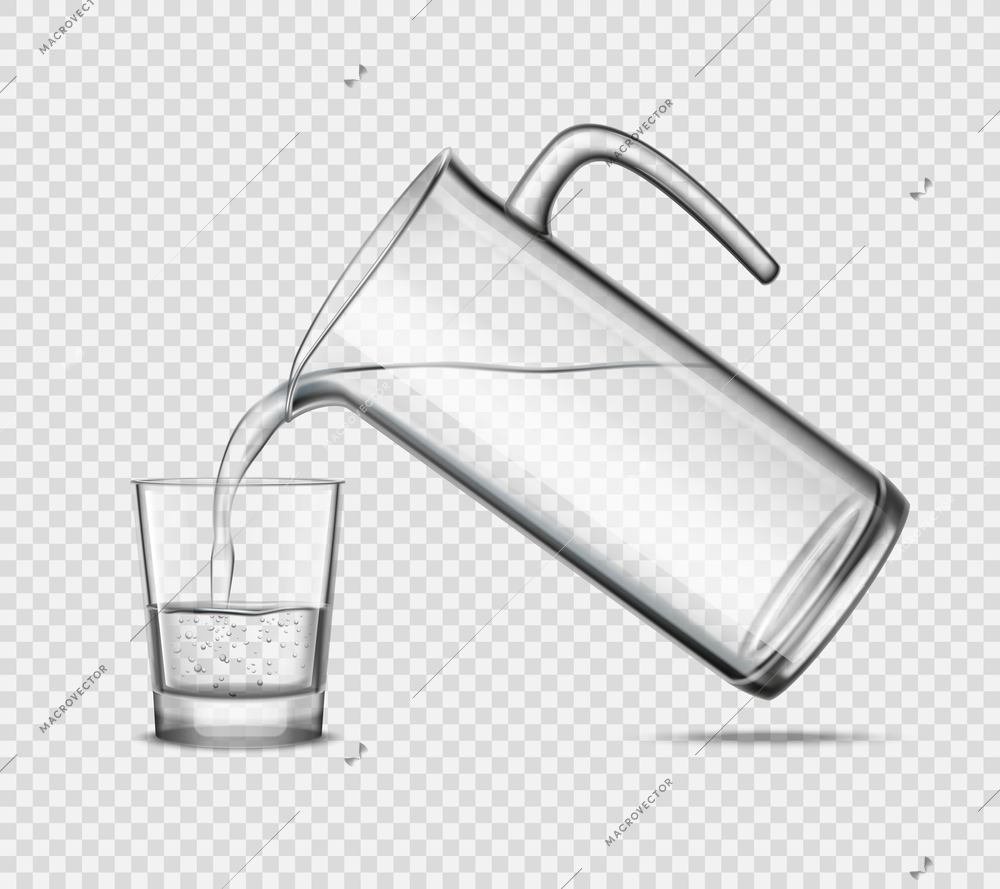 Pouring water in glass from jug design concept on transparent background grey realistic vector illustration