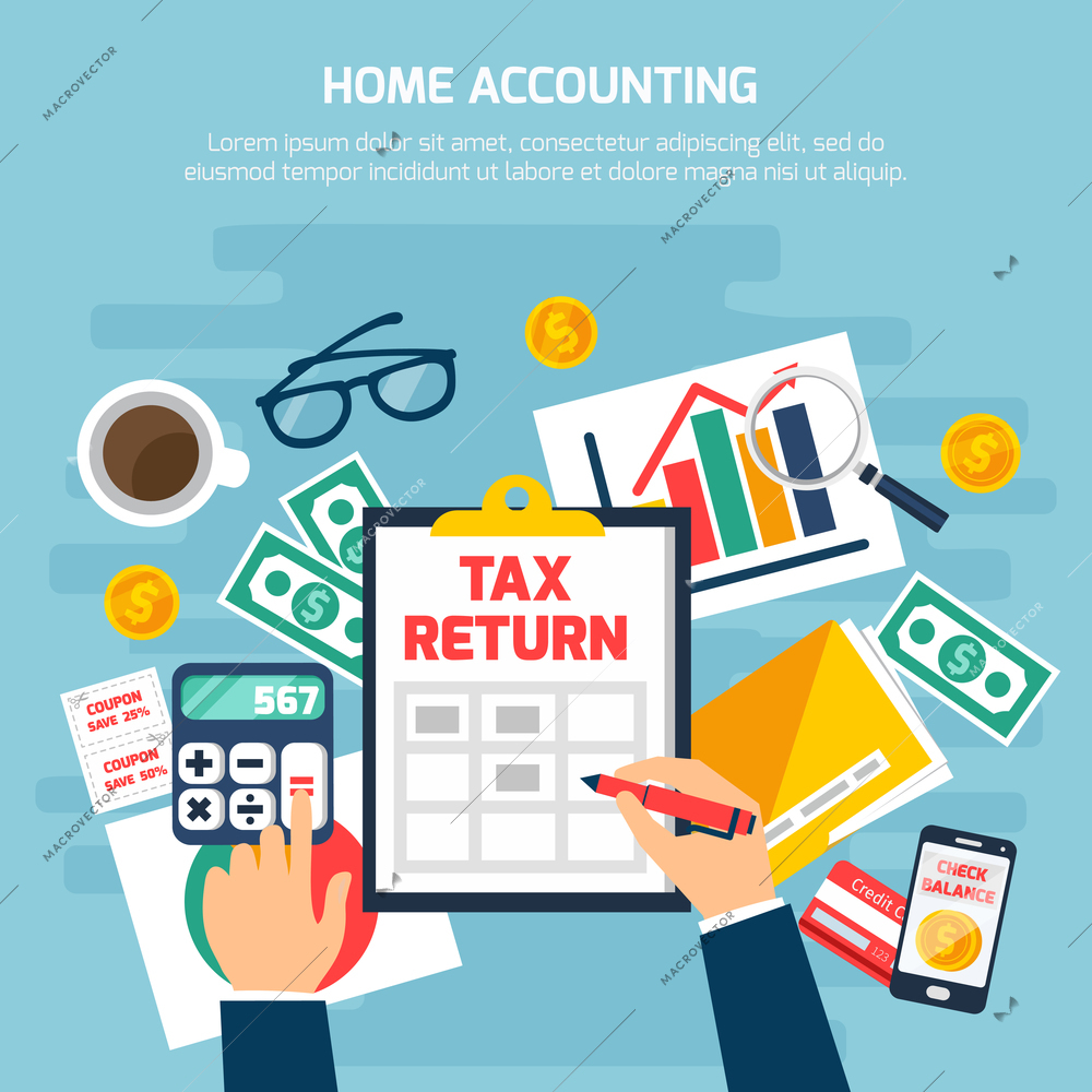 Home accounting composition with money and finance symbols on blue background flat vector illustration